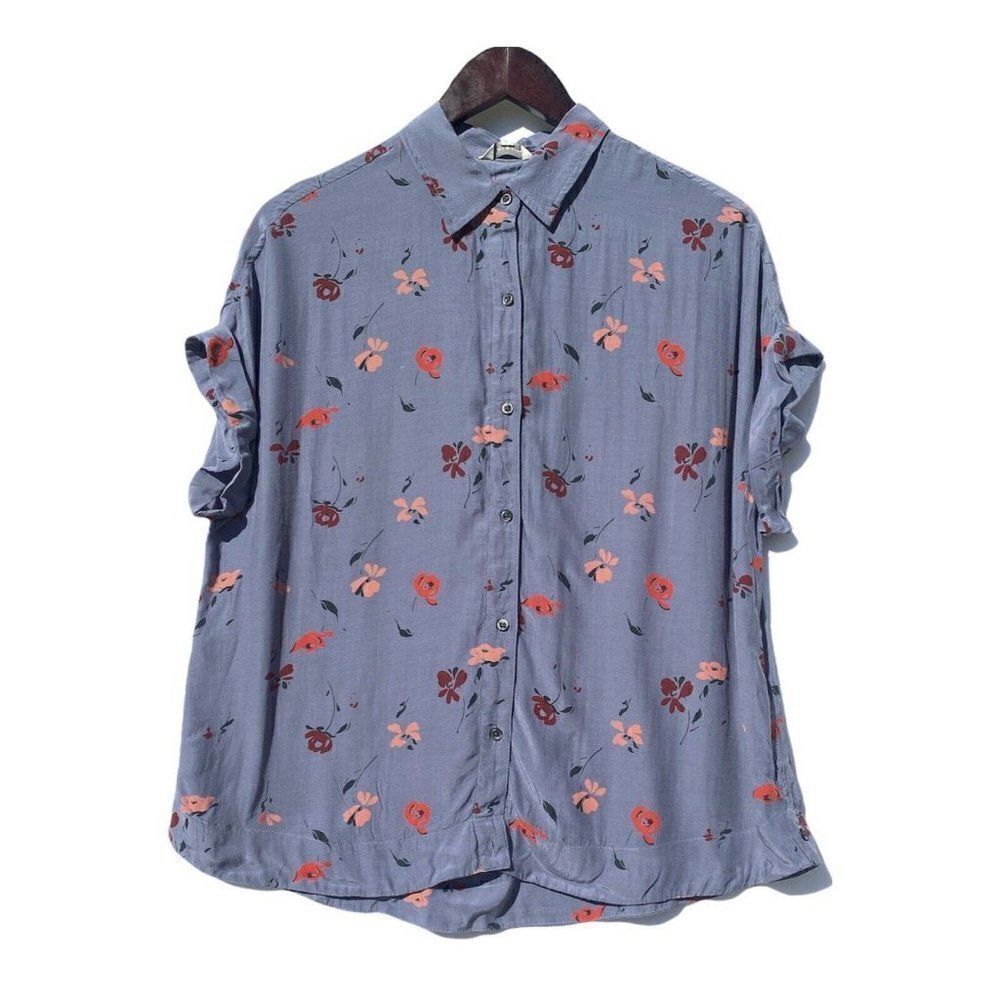 Lucky Brand Women Shirt Top Blouse Small Button Boho Short Sleeve Blue Floral NW